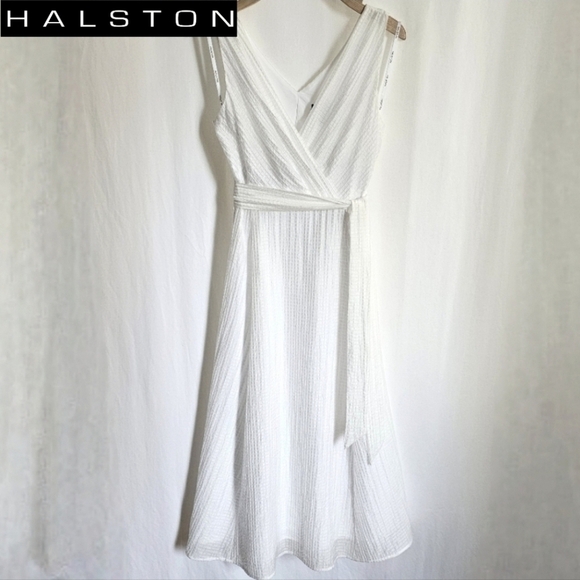 Halston White Sleeveless Seersucker Belted Flare Midi Dress - Picture 1 of 16